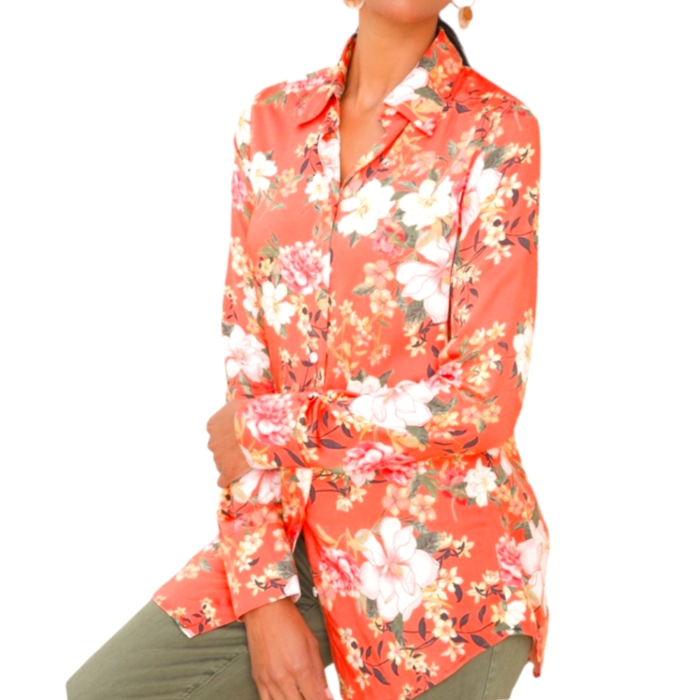 Chicos Sandwashed Satin Orange Peach Floral Long Sleeve Shirt  US SZ 12